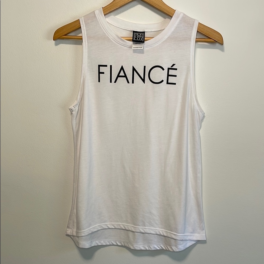 Modern Lux White Sleeveless Muscle Tee Black Print Fiancé